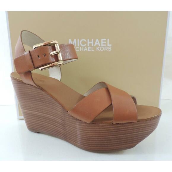 Michael Kors Peggy Platform Wedge Sandals Luggage Tan Size 9.5 - Picture 1 of 9